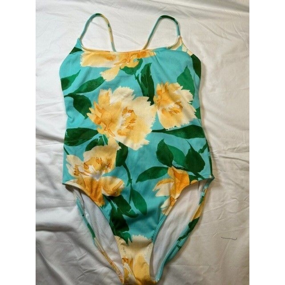 Shade & Shore Women's Large One Piece Swimsuit Floral Teal Yellow NWOT Ribbed
